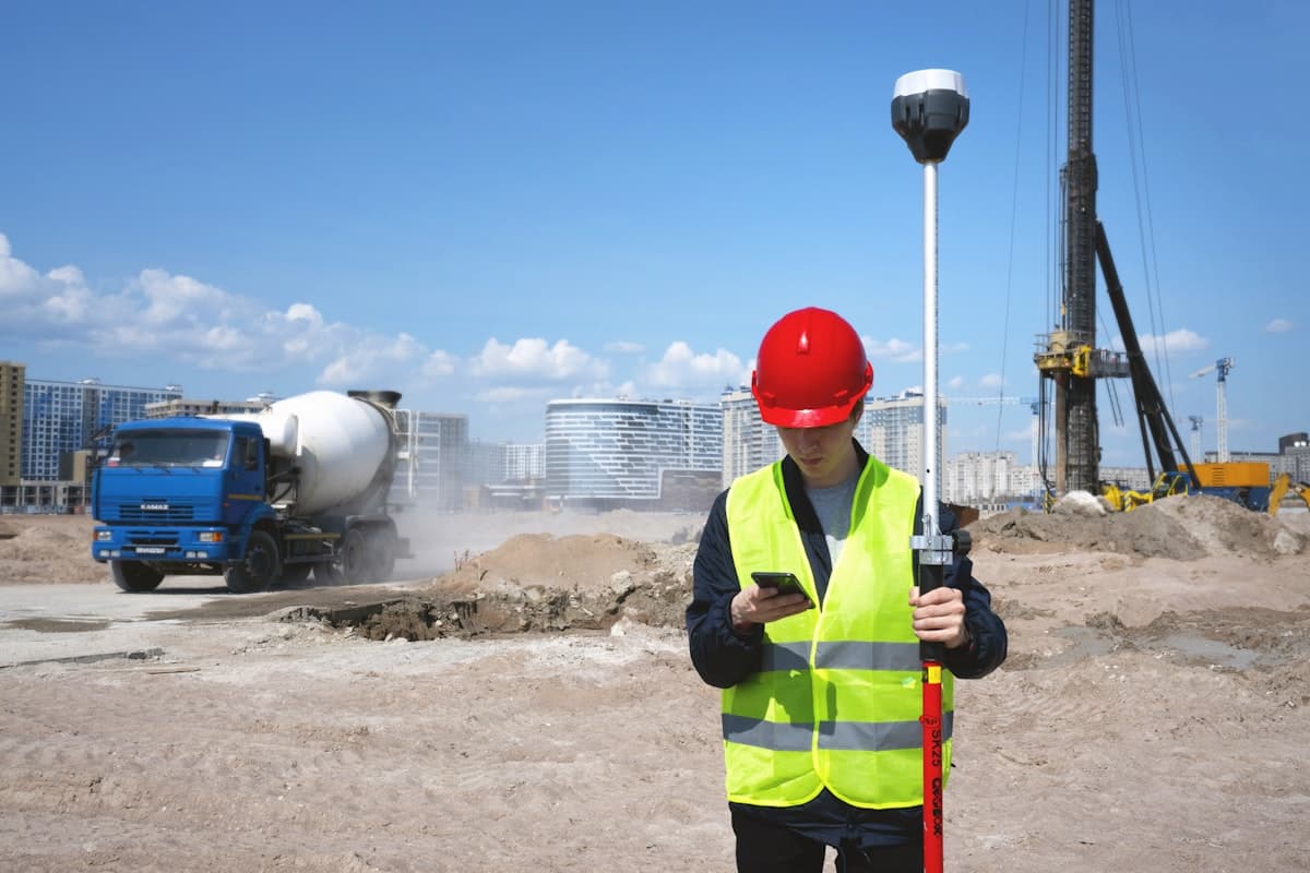 Un professionnel consulte son téléphone sur un chantier de gros œuvre