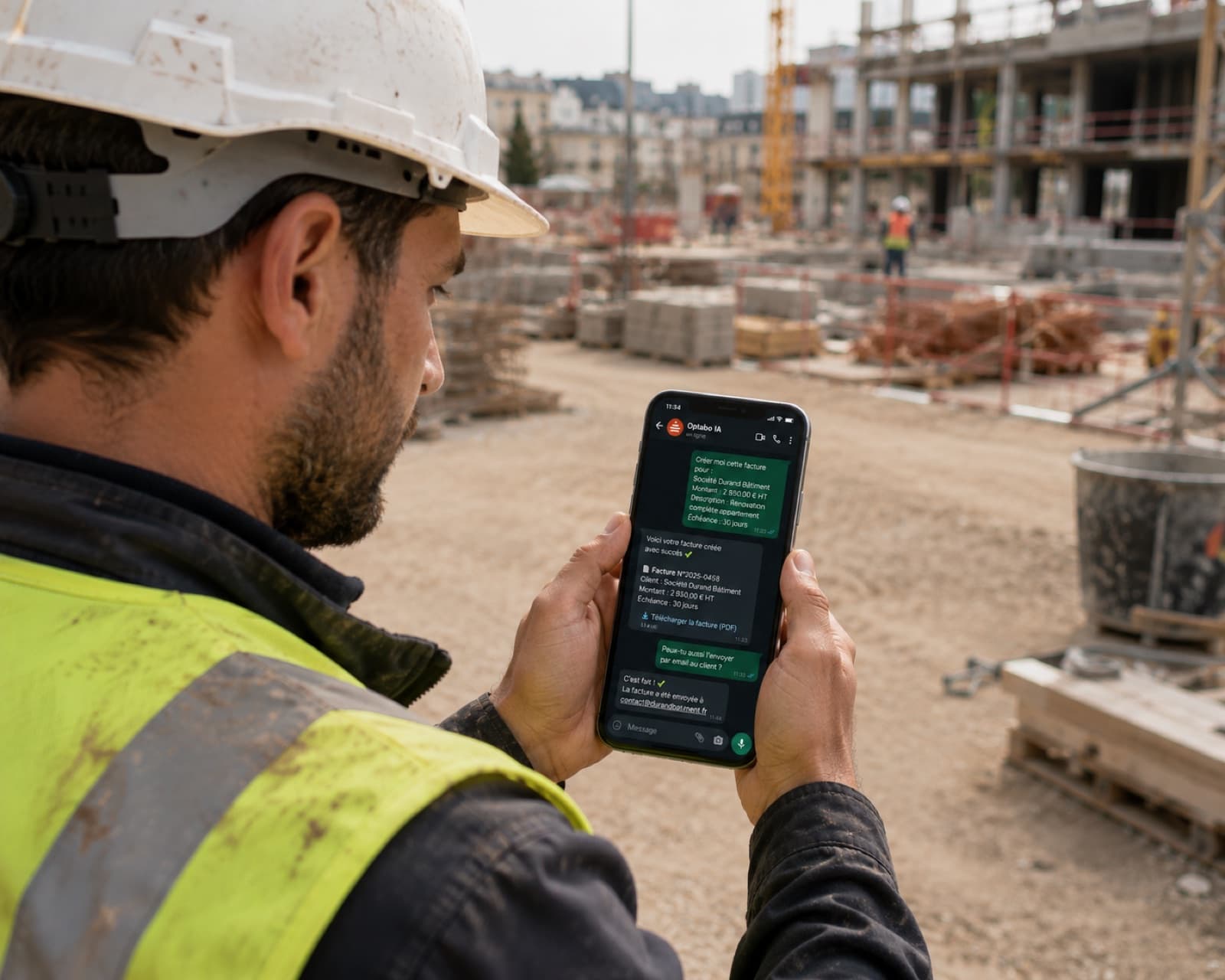 Un compagnon crée une facture depuis WhatsApp, sur son chantier